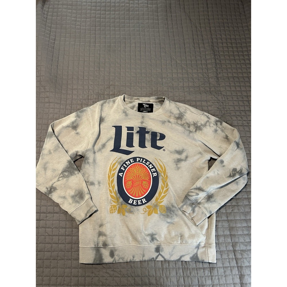 Miller Lite Pilsner Beer Mens Small Gray Tie Dye Long Sleeve Pullover Sweatshirt